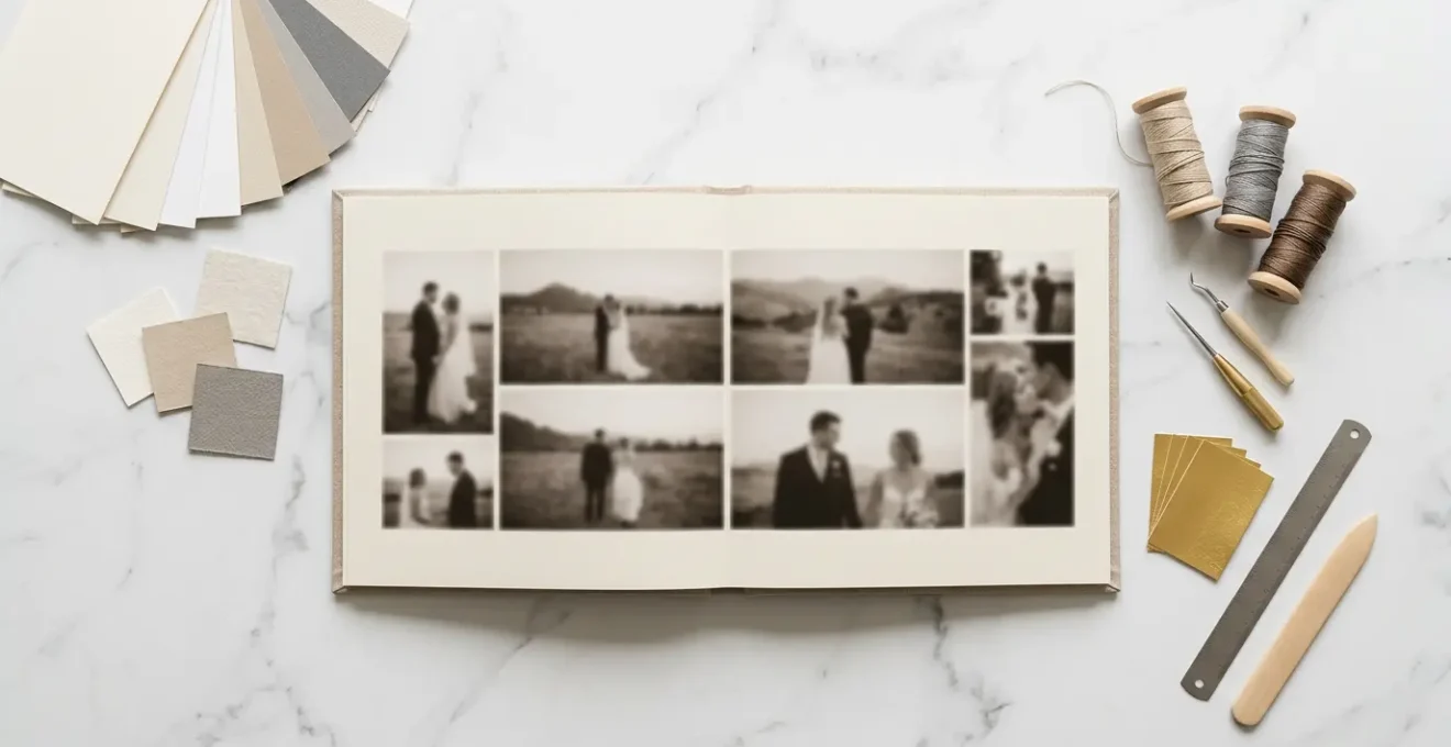 Atelier de création de livre photo de mariage avec matériaux professionnels et échantillons de papier