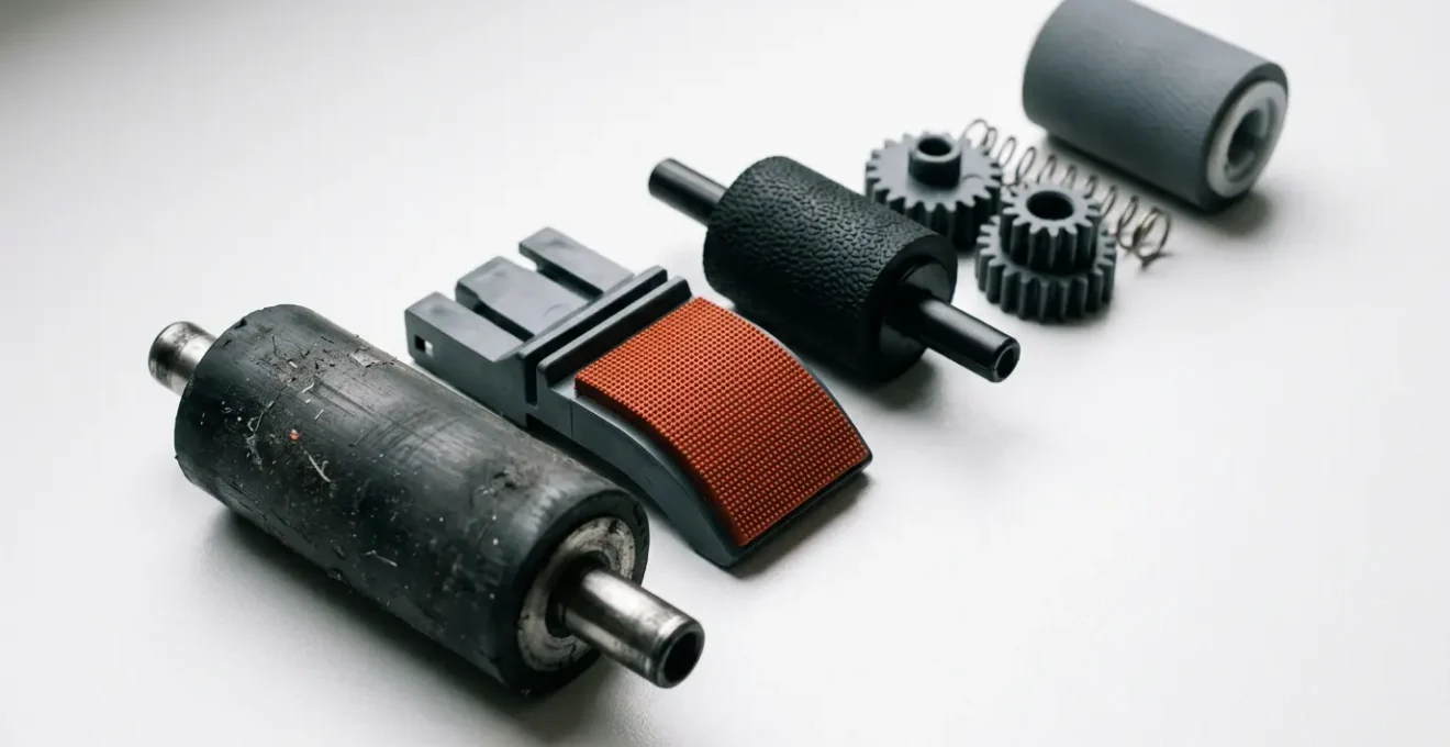 Vue macro détaillée des galets d'entraînement et pièces internes d'une imprimante laser en cours de maintenance