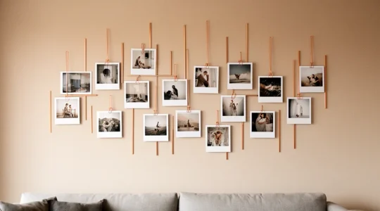 Composition murale élégante de tirages polaroid dans un intérieur contemporain aux tons neutres