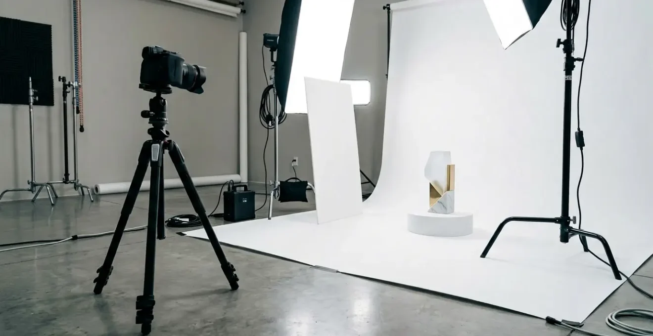 Studio photographique professionnel avec équipement de packshot pour e-commerce
