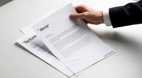 Bureau professionnel moderne avec une main tenant une facture élégante avec en-tête de qualité