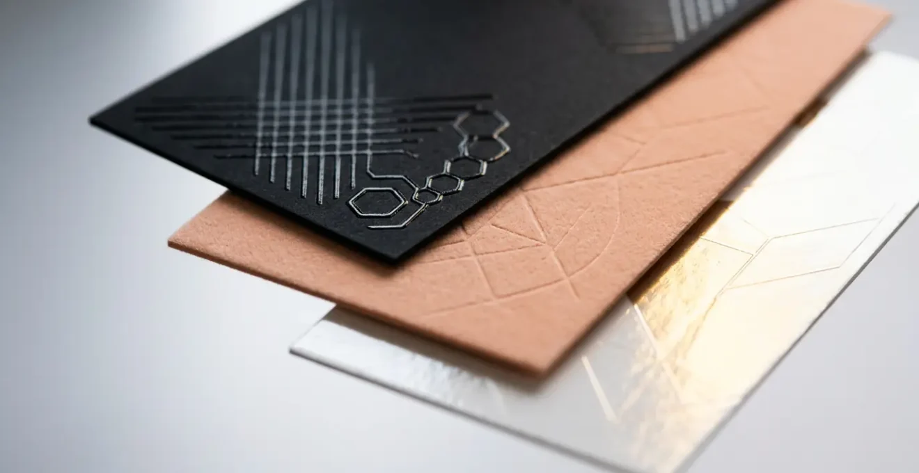 Comparaison de différentes finitions de pelliculage sur cartes de visite avec effets tactiles