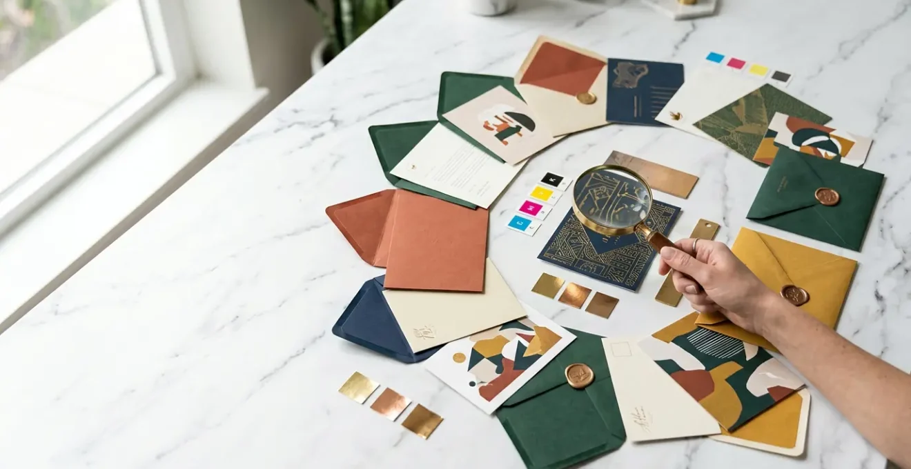 Bureau de création avec échantillons de courriers personnalisés, cartes et enveloppes colorées disposées en éventail, montrant différentes personnalisations visuelles pour illustrer l'impact de la personnalisation unitaire sur les taux de conversion