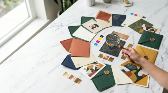 Bureau de création avec échantillons de courriers personnalisés, cartes et enveloppes colorées disposées en éventail, montrant différentes personnalisations visuelles pour illustrer l'impact de la personnalisation unitaire sur les taux de conversion