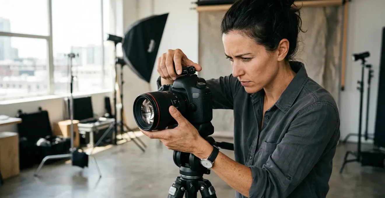 Photographe professionnel ajustant méticuleusement son équipement haut de gamme dans un studio lumineux