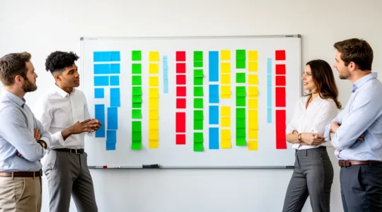 Équipe de professionnels debout devant un grand tableau blanc magnétique avec des cartes colorées organisées en colonnes, dans un bureau lumineux et moderne