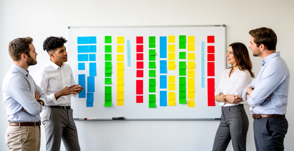 Équipe de professionnels debout devant un grand tableau blanc magnétique avec des cartes colorées organisées en colonnes, dans un bureau lumineux et moderne