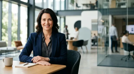 Portrait corporate moderne d'un dirigeant dans un environnement d'entreprise contemporain