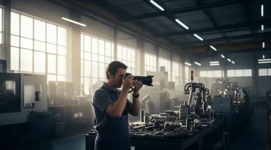 Photographe professionnel capturant le savoir-faire d'un technicien en environnement industriel moderne