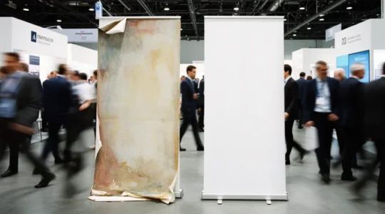 Comparaison visuelle entre un roll-up standard et luxe dans un salon professionnel animé