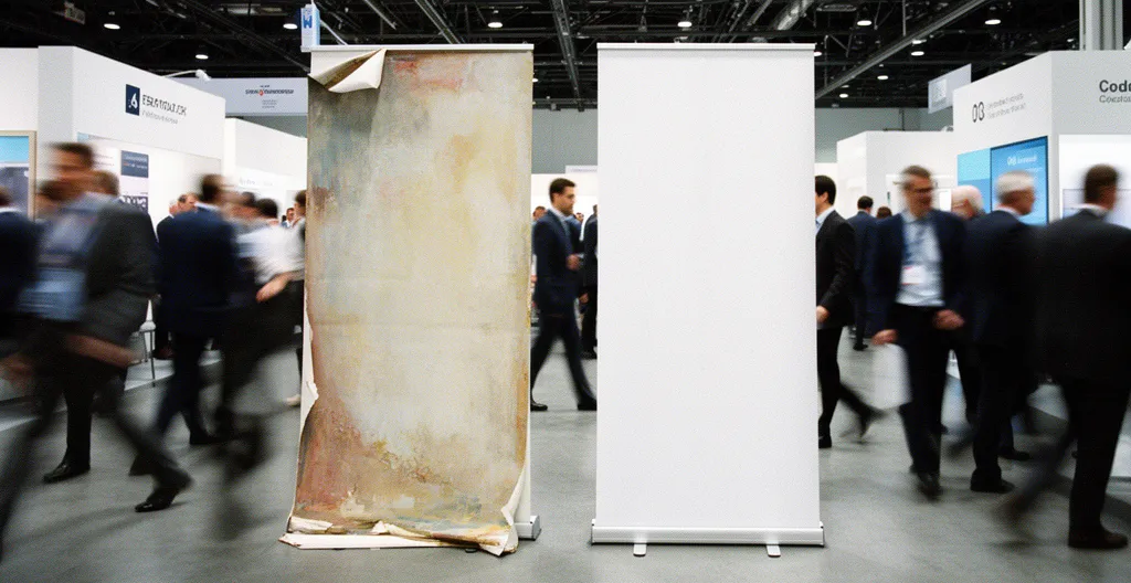 Comparaison visuelle entre un roll-up standard et luxe dans un salon professionnel animé