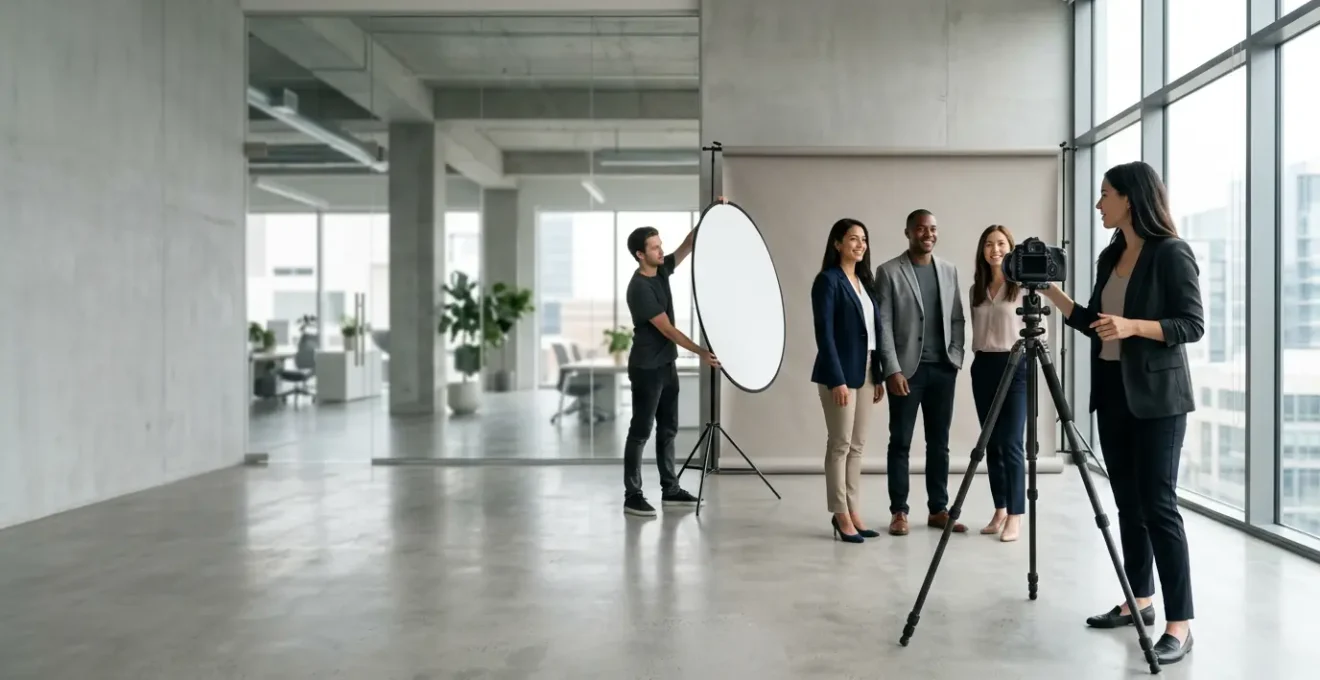 Équipe de photographes professionnels en action dans un studio d'entreprise lumineux