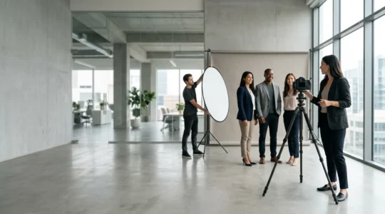 Équipe de photographes professionnels en action dans un studio d'entreprise lumineux