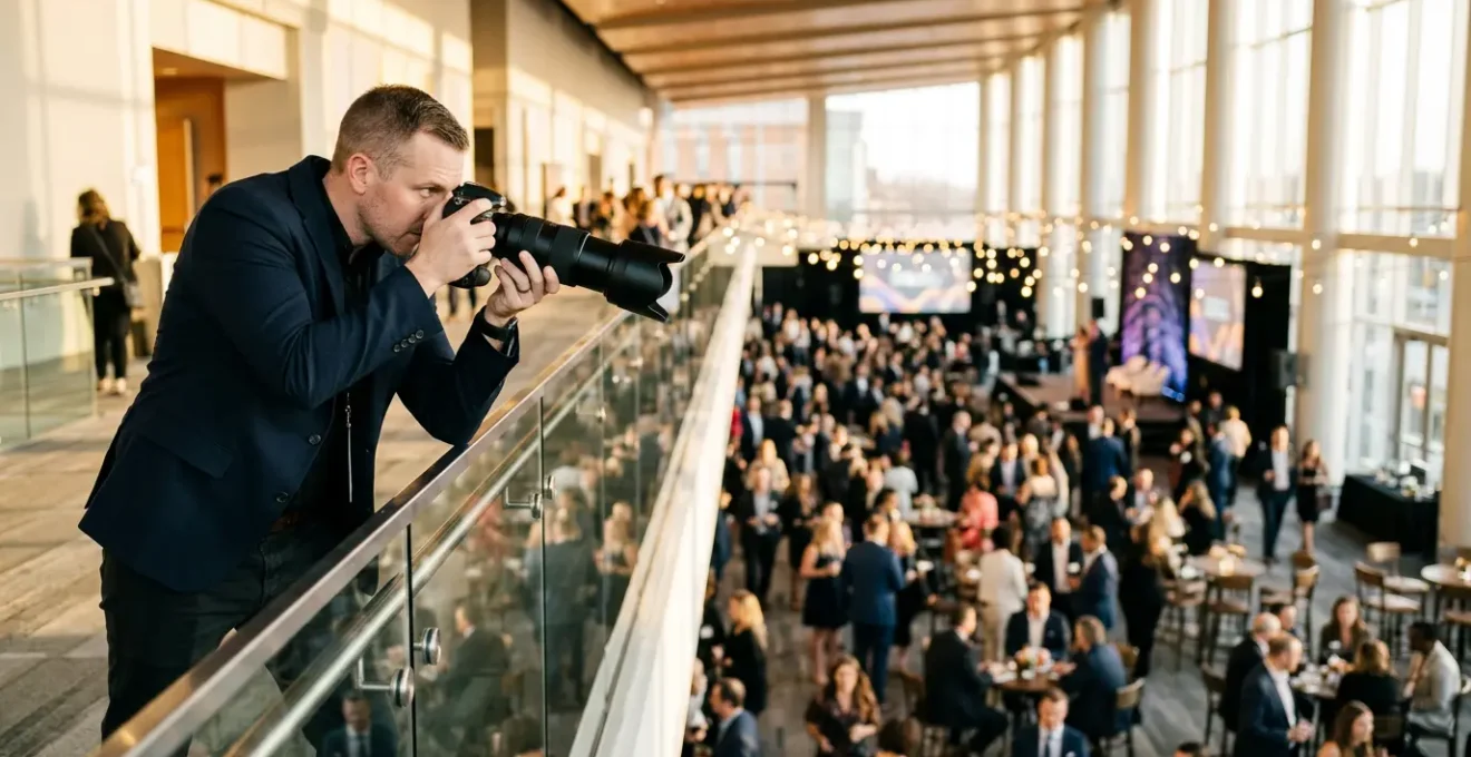 Photographe professionnel capture des moments stratégiques lors d'un événement corporate avec équipement haute performance