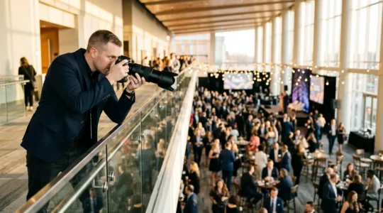 Photographe professionnel capture des moments stratégiques lors d'un événement corporate avec équipement haute performance