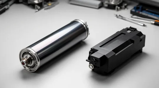 Tambour et toner d'imprimante laser posés séparément sur une surface de travail professionnelle