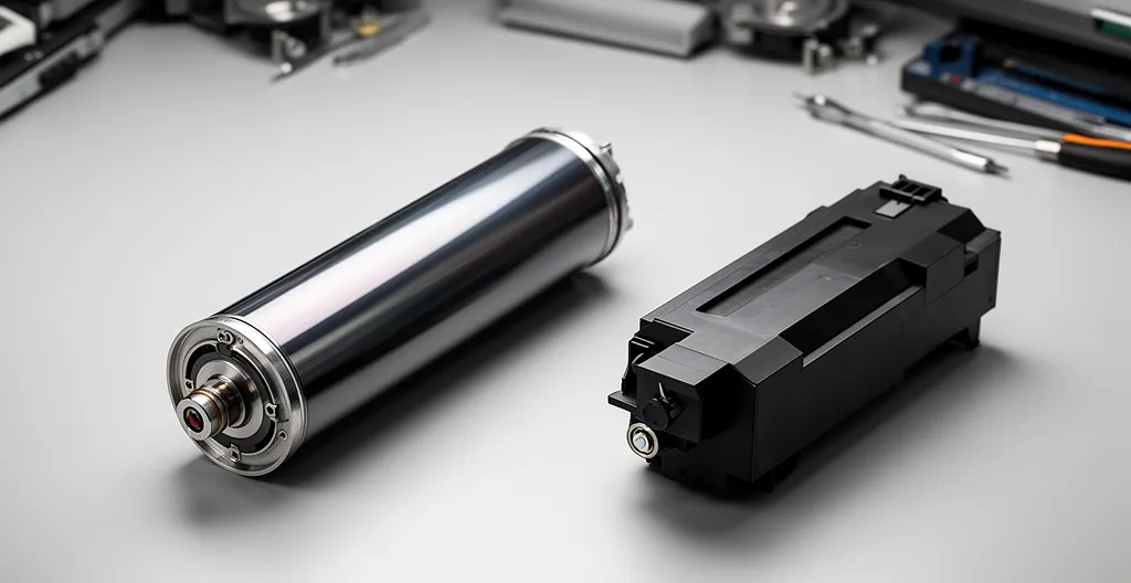 Tambour et toner d'imprimante laser posés séparément sur une surface de travail professionnelle