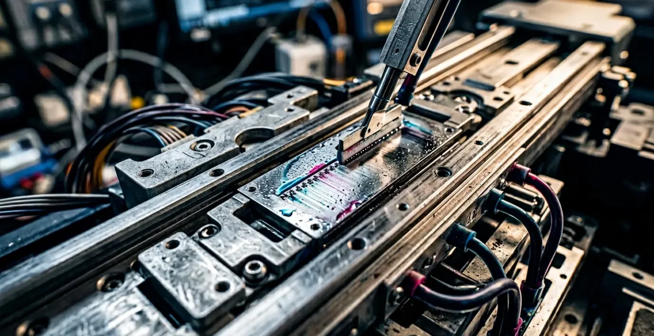 Gros plan d'une tête d'impression avec mécanisme de nettoyage en action