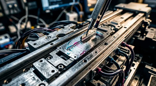 Gros plan d'une tête d'impression avec mécanisme de nettoyage en action