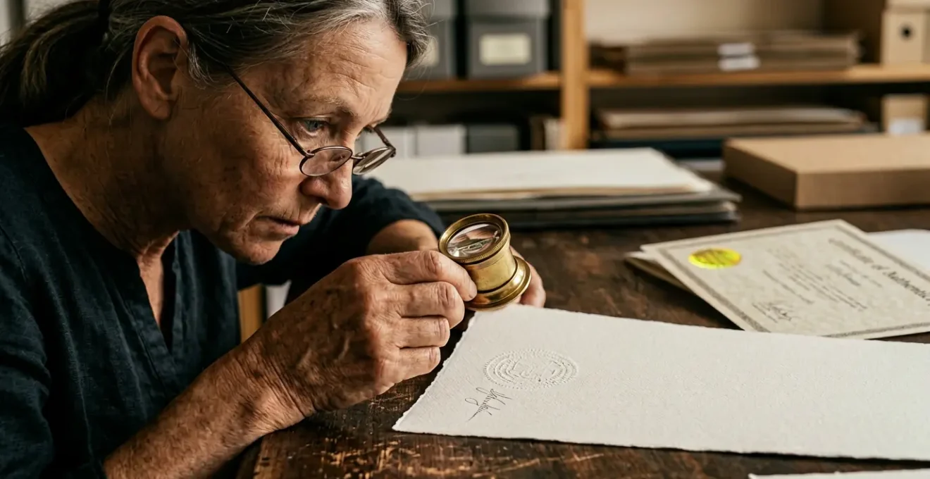 Expert examinant un tirage d'art certifié avec une loupe dans un atelier d'impression fine art