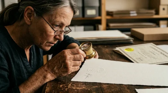 Expert examinant un tirage d'art certifié avec une loupe dans un atelier d'impression fine art