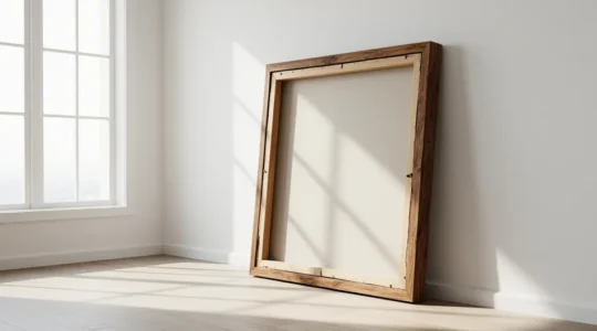 Gros plan sur l'angle d'une toile photo tendue montrant la texture du canvas et le châssis en bois