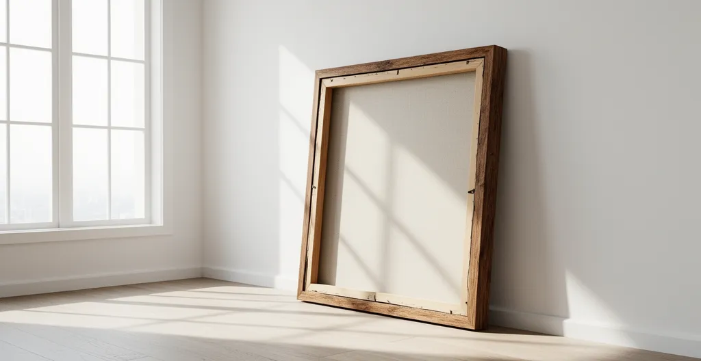 Gros plan sur l'angle d'une toile photo tendue montrant la texture du canvas et le châssis en bois