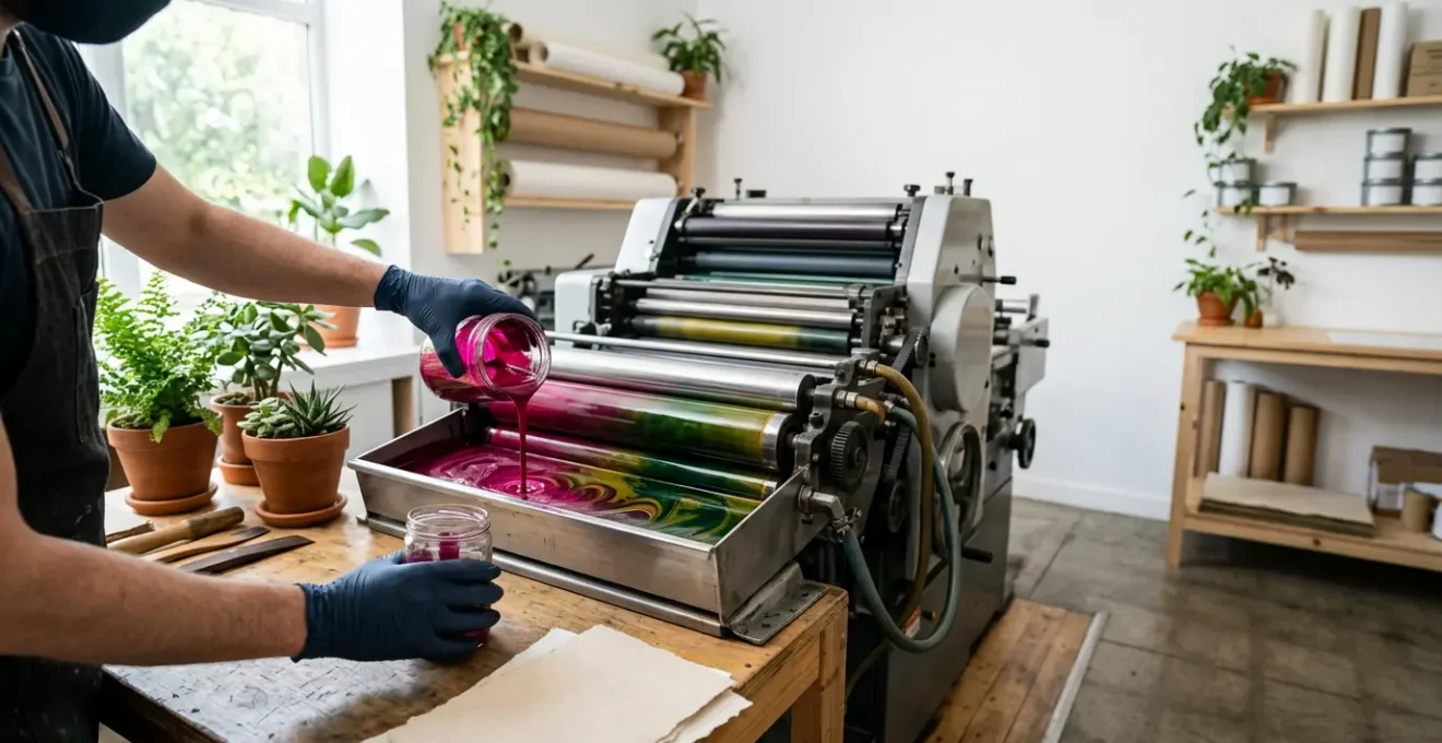 Atelier d'impression moderne avec professionnels manipulant des encres végétales colorées dans un environnement lumineux et éco-responsable