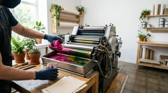 Atelier d'impression moderne avec professionnels manipulant des encres végétales colorées dans un environnement lumineux et éco-responsable