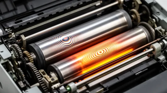 Unité de fusion d'une imprimante laser montrant les composants internes dangereux avec rouleaux métalliques et système de chauffe