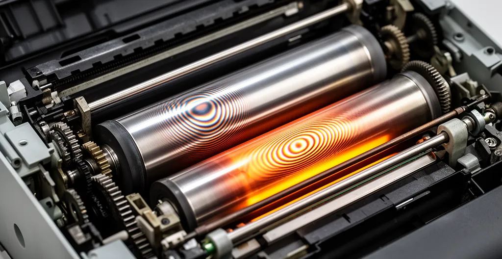 Unité de fusion d'une imprimante laser montrant les composants internes dangereux avec rouleaux métalliques et système de chauffe