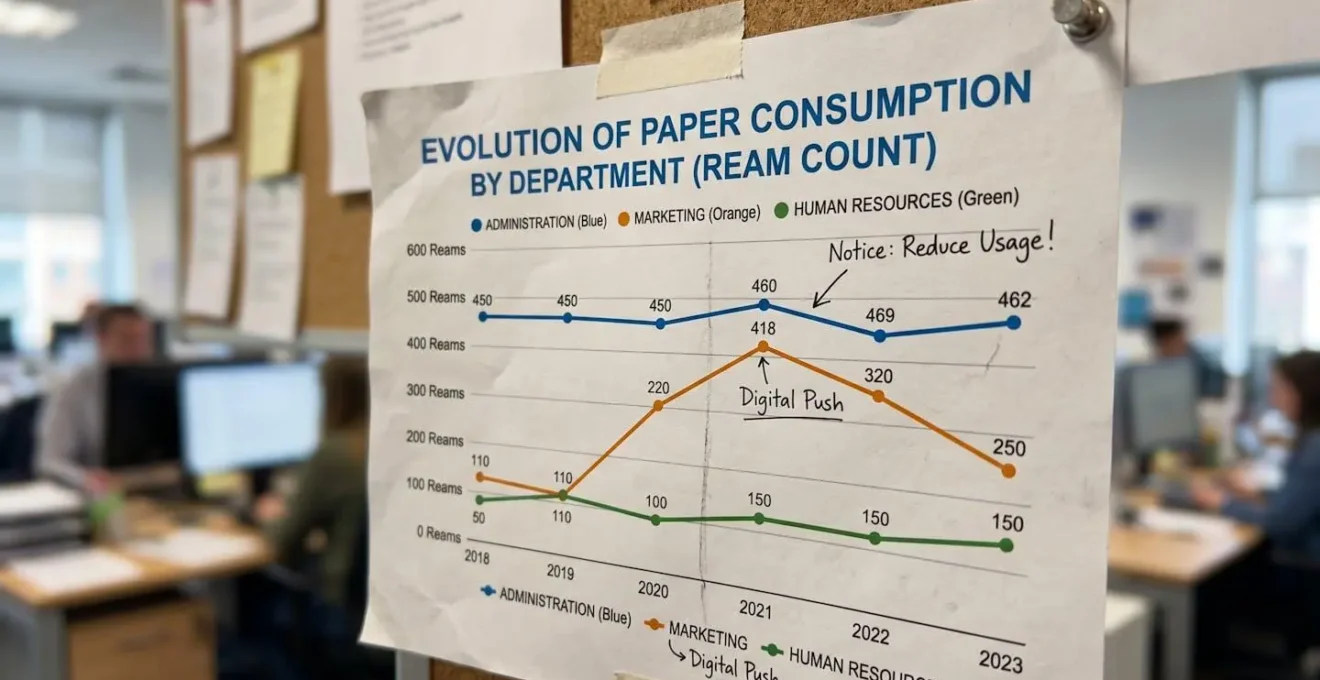 Vue macro d'un graphique imprimé montrant l'évolution de la consommation de papier par service