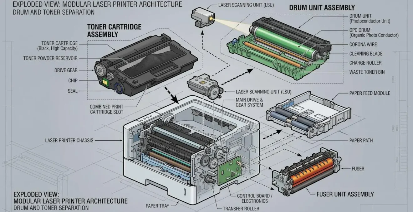 Vue éclatée montrant l'architecture modulaire d'une imprimante laser avec tambour et toner séparés