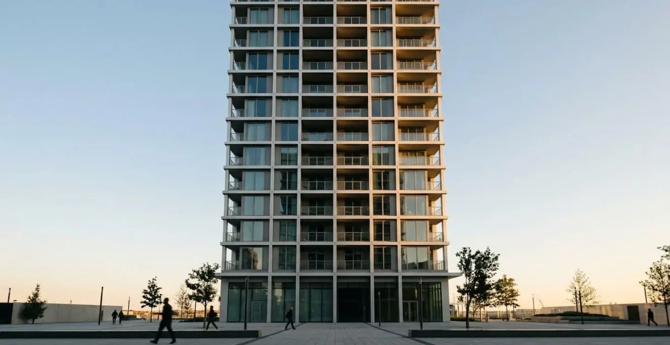 Vue architecturale avec lignes parfaitement droites d'un bâtiment moderne capturé avec un objectif à décentrement