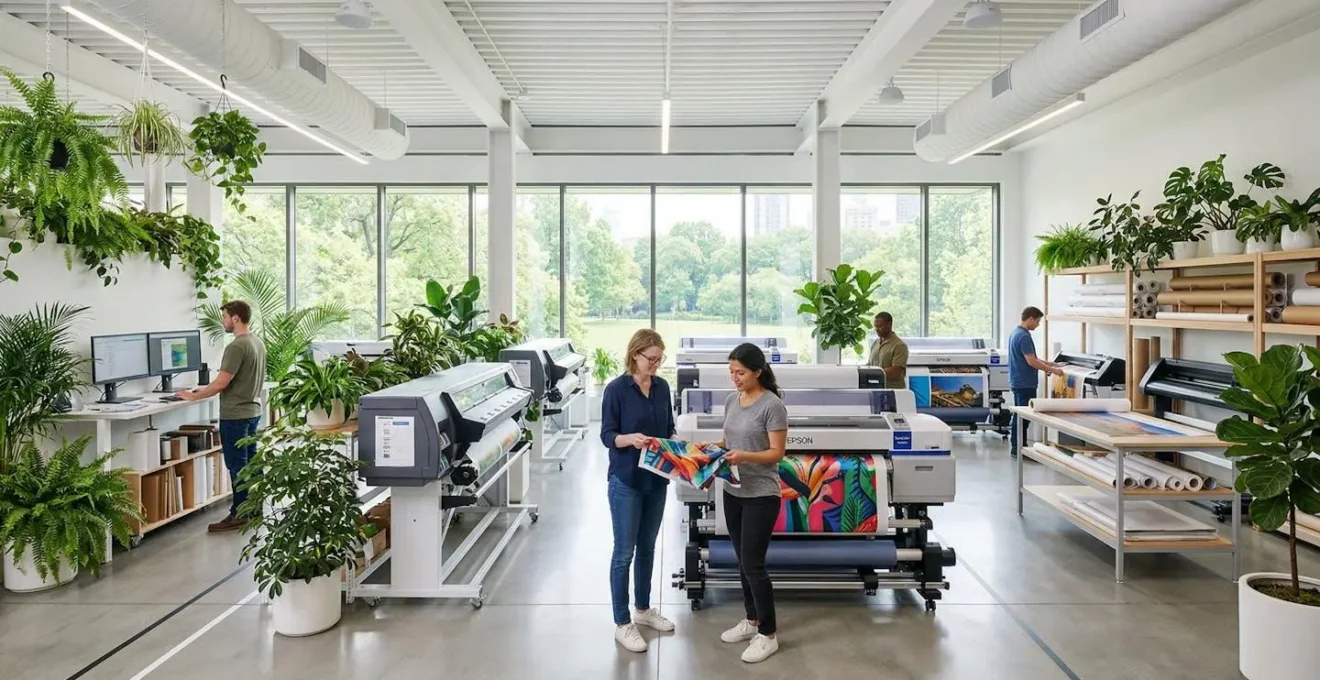 Vue large d'un atelier d'impression moderne avec lumière naturelle et plantes vertes, montrant un environnement de travail sain sans polluants
