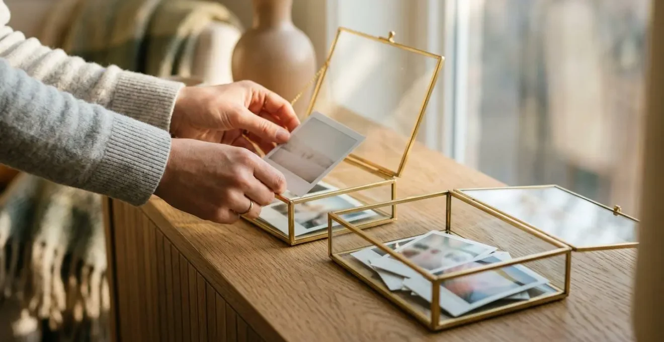 Boîtes en verre et laiton contenant des tirages polaroid disposées sur une console moderne
