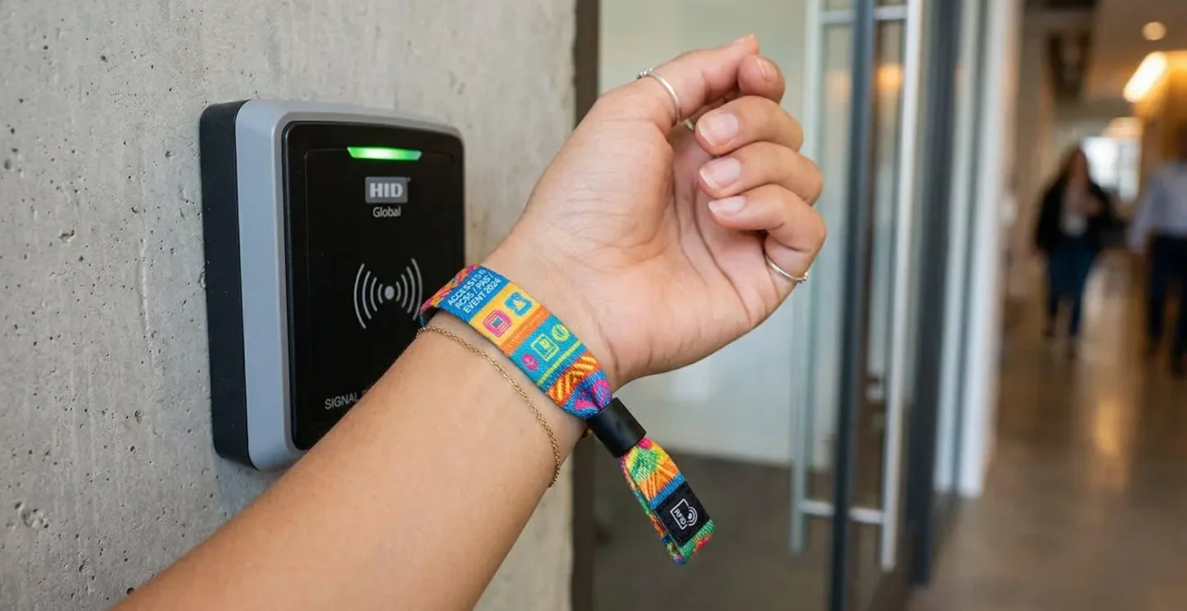 Gros plan sur un poignet portant un bracelet RFID coloré près d'un lecteur de contrôle d'accès