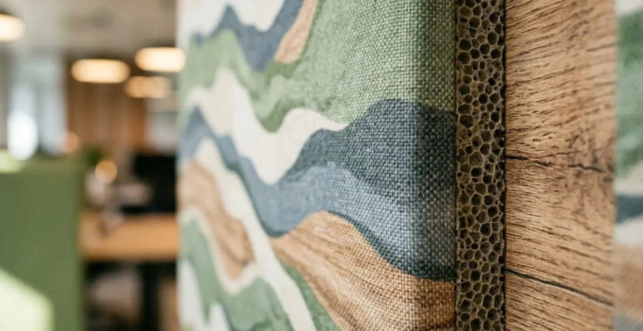 Panneaux acoustiques décoratifs avec motifs naturels intégrés dans un espace de travail ouvert