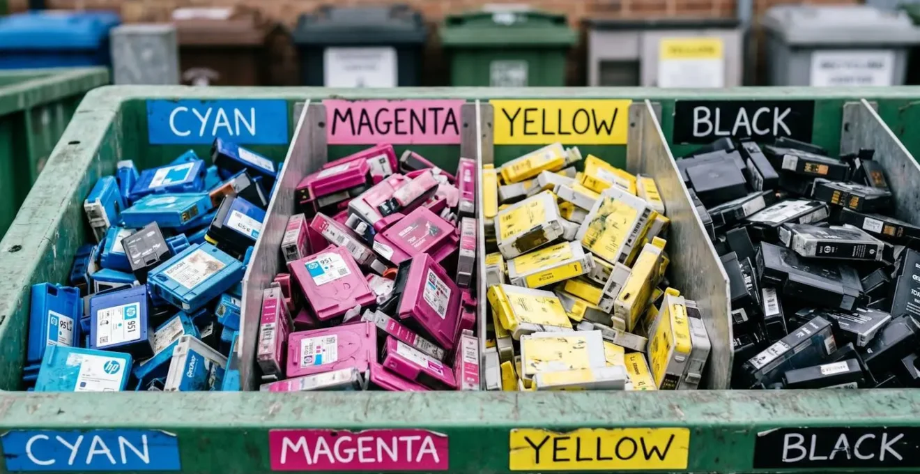 Gros plan macro sur des cartouches d'encre vides triées par couleur dans des bacs de recyclage