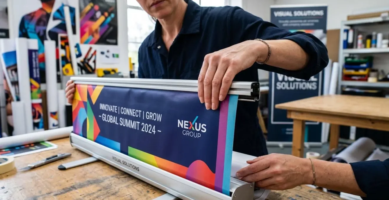Gros plan sur des mains expertes changeant le visuel d'un roll-up professionnel