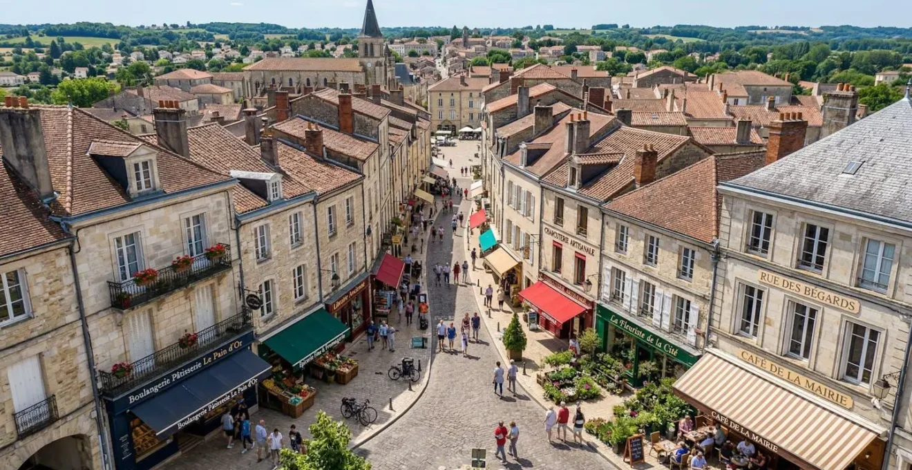 Vue aérienne d'une rue commerçante française avec plusieurs boutiques traditionnelles