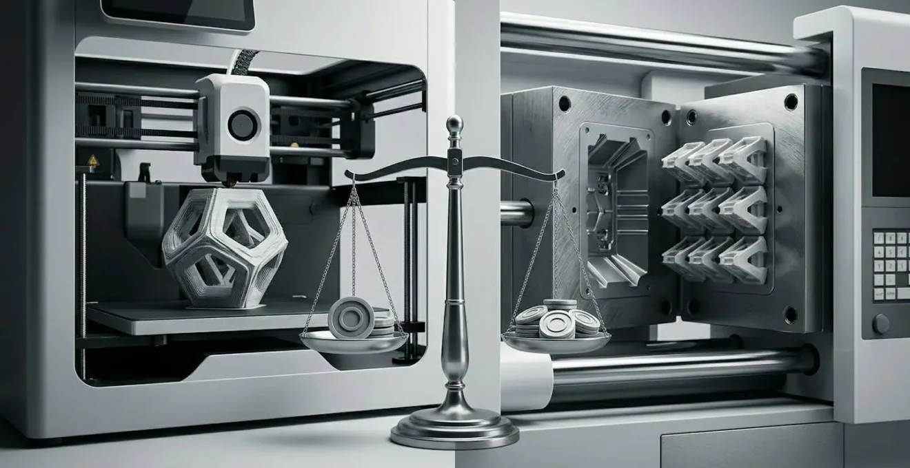 Graphique comparatif montrant le point de bascule économique entre impression 3D et injection selon le volume de production