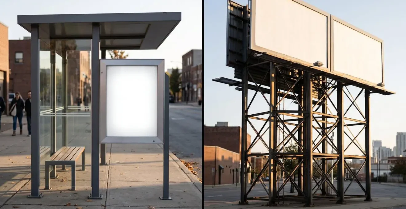 Comparaison visuelle entre un abribus et un panneau 4x3 en milieu urbain