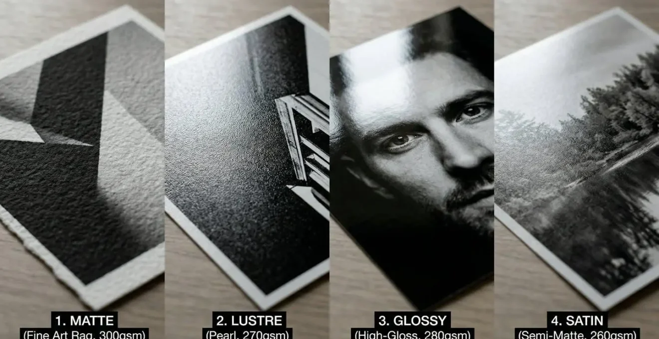 Comparaison macro de différentes textures de papiers photo pour tirages noir et blanc