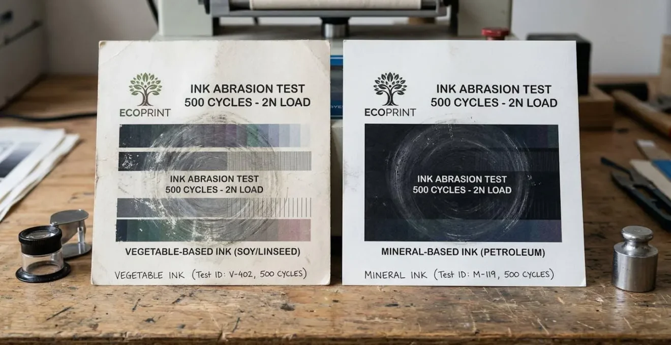 Vue rapprochée de deux échantillons d'impression montrant la résistance des encres végétales et minérales après tests d'abrasion