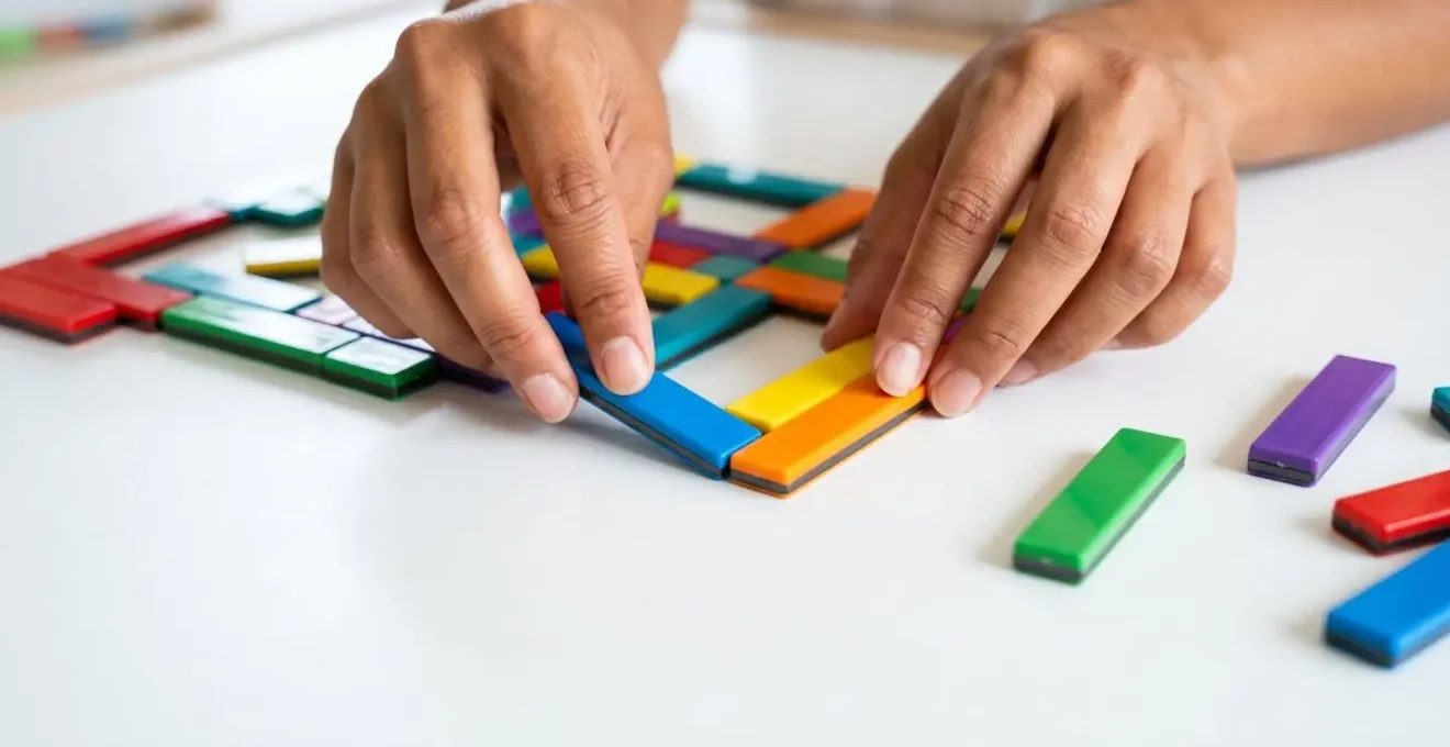 Vue rapprochée de bandes magnétiques colorées modulaires sur surface blanche avec mains arrangeant les éléments