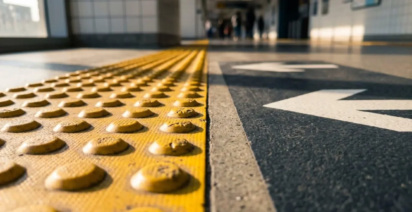 Gros plan sur un système de guidage au sol contrasté avec bandes podotactiles et marquages haute visibilité