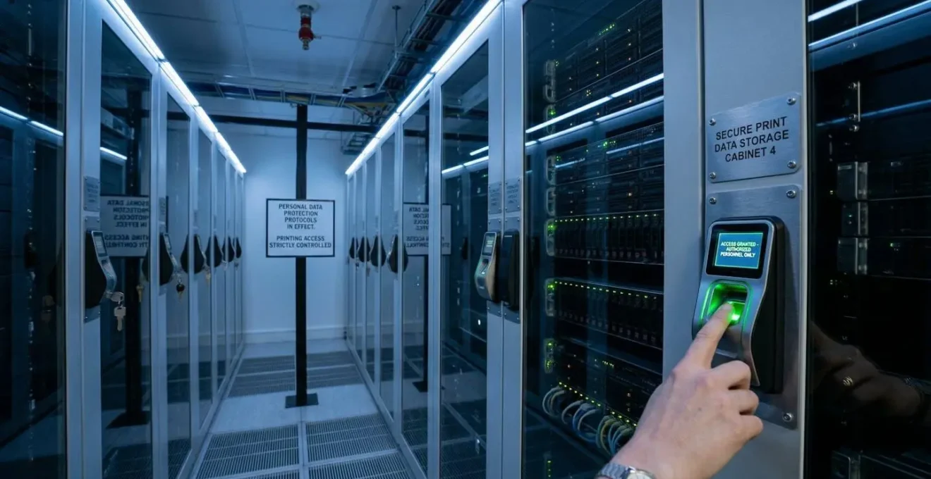 Salle serveur sécurisée avec armoires de données verrouillées et système biométrique, illustrant la protection des données personnelles dans le processus d'impression