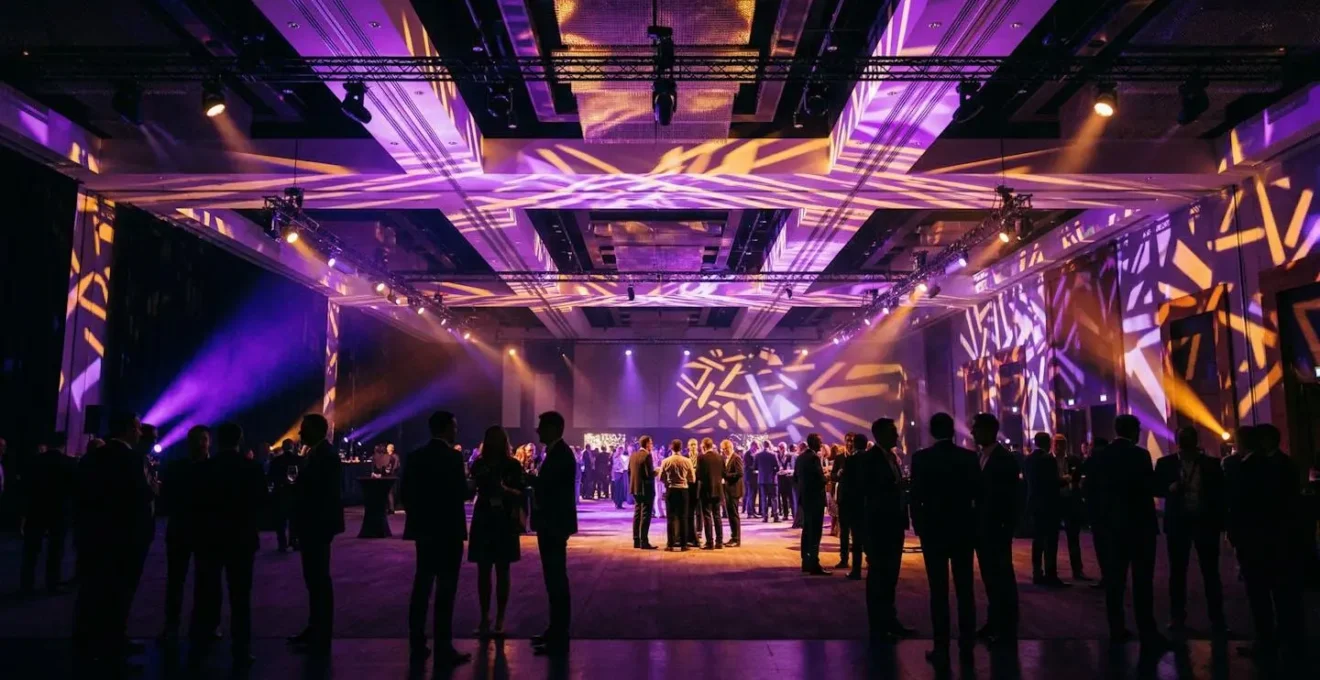 Ambiance lumineuse d'une soirée événementielle capturée sans flash avec éclairage scénique coloré