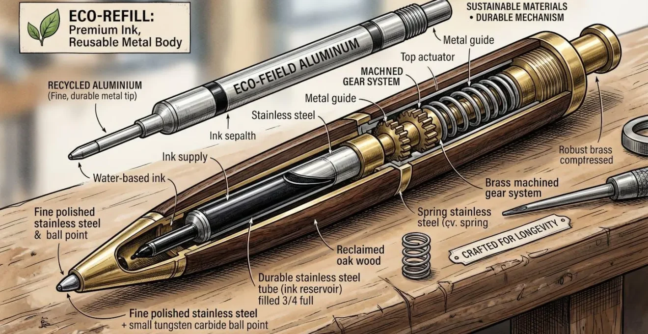 Illustration macro des mécanismes de recharge d'un stylo écologique premium, montrant la qualité et la durabilité.